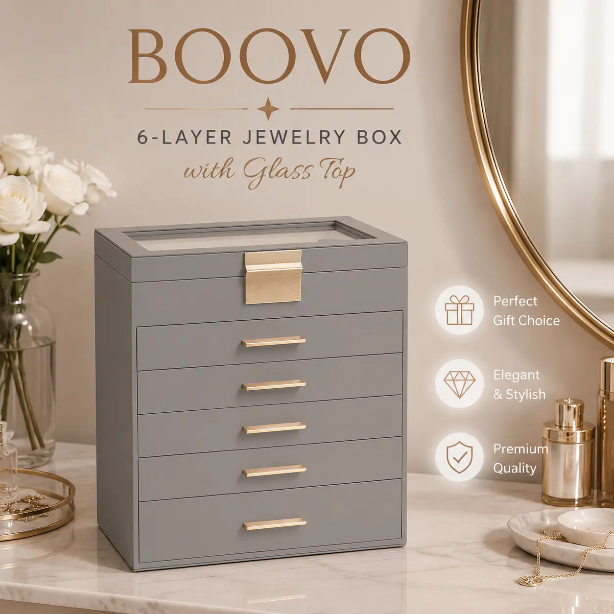 BOOVO（Grey）6-Layer Large Jewelry Box Organizer with Mirror, White PU Leather Multi Compartment Storage Case for Necklaces Tangle-Free, Rings, Earrings, Bracelets, Watches. Dustproof Jewelry Tower, Perfect Birthday Wedding Bridesmaid Gift for Women