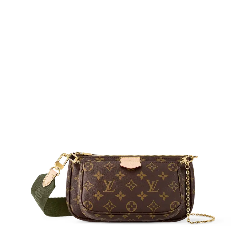 ‮ nottiuV siuoL  ‬   Multi-Pȯchette 3-in-1 Crossbody Bag Monogram Coated Canvas Women's Luxury Shoulder Clutch with Green Strap.