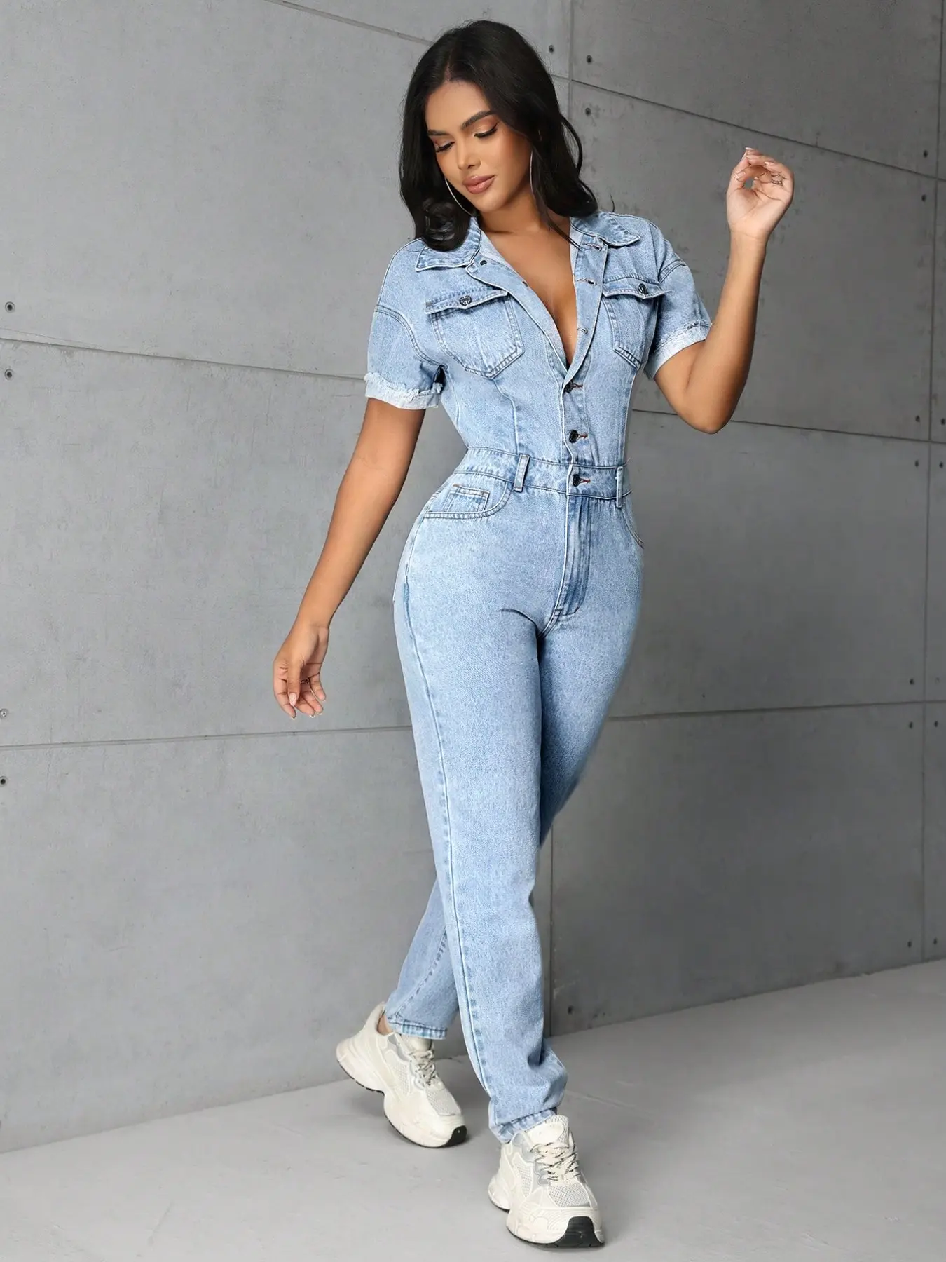 Women's Spring & Fall Loose-Fit Denim Romper, Casual Fashion with Single Button Closure, Slimming Straight Leg Design, Plain Pattern