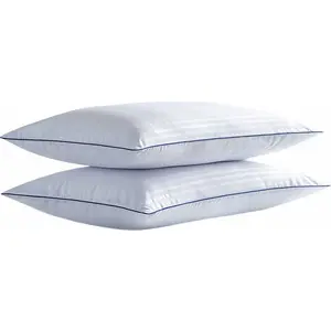 Thin Flat Bed Pillows Standard Size Set of 2 Pack for Sleeping, Squishy Fluffy Pillow for   Sleeper,  Machine Washable White Striped 20x26 inches