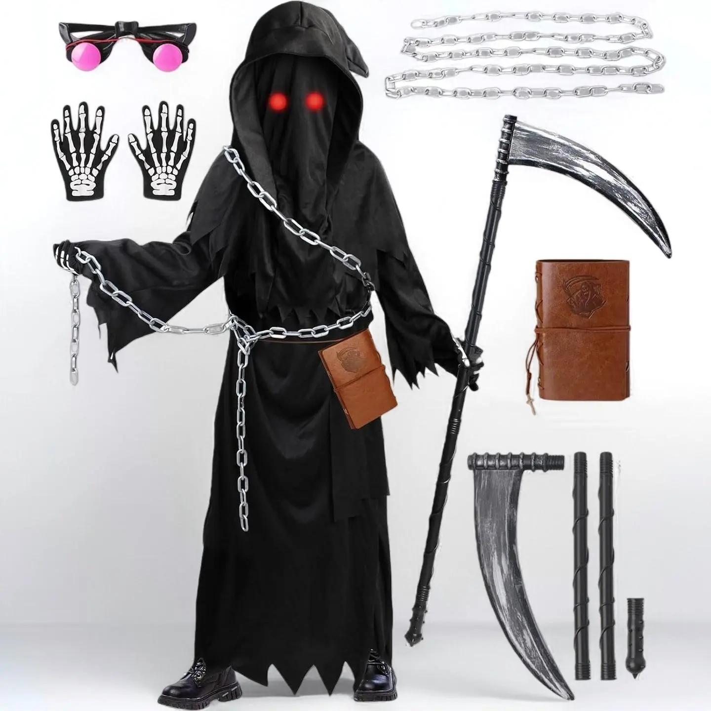 Grim Reaper Costume for Kids, Scary 7-Piece Polyester Outfit for Halloween Parties with Glowing Red Eyes, Scythe & Skeleton Gloves, Costume For Parties