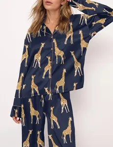 Giraffe Satin Pajama Set For Women – Soft Silky Sleepwear, Cozy Bookish Loungewear, Perfect Present for Fantasy Lovers - Gift Shirt on Mother Day Comfort Cotton
