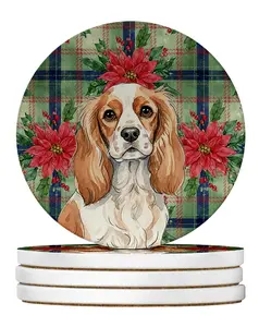 Carolines Treasures WDK8563RCS4 4 x 4 in. Blenheim Cavalier Spaniel Christmas Poinsettias Large Sandstone Coasters, Pack of 4