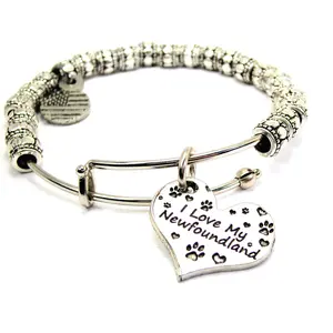 I Love My Newfoundland Heart Metal Beaded Bracelet