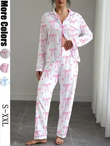 Women's Cute Bow Print Pajama Set,Valentine's Day Gift ，Fall & Winter Casual Homewear, Soft Elastic Fabric, Long Sleeve Shirt Collar Top & Pants