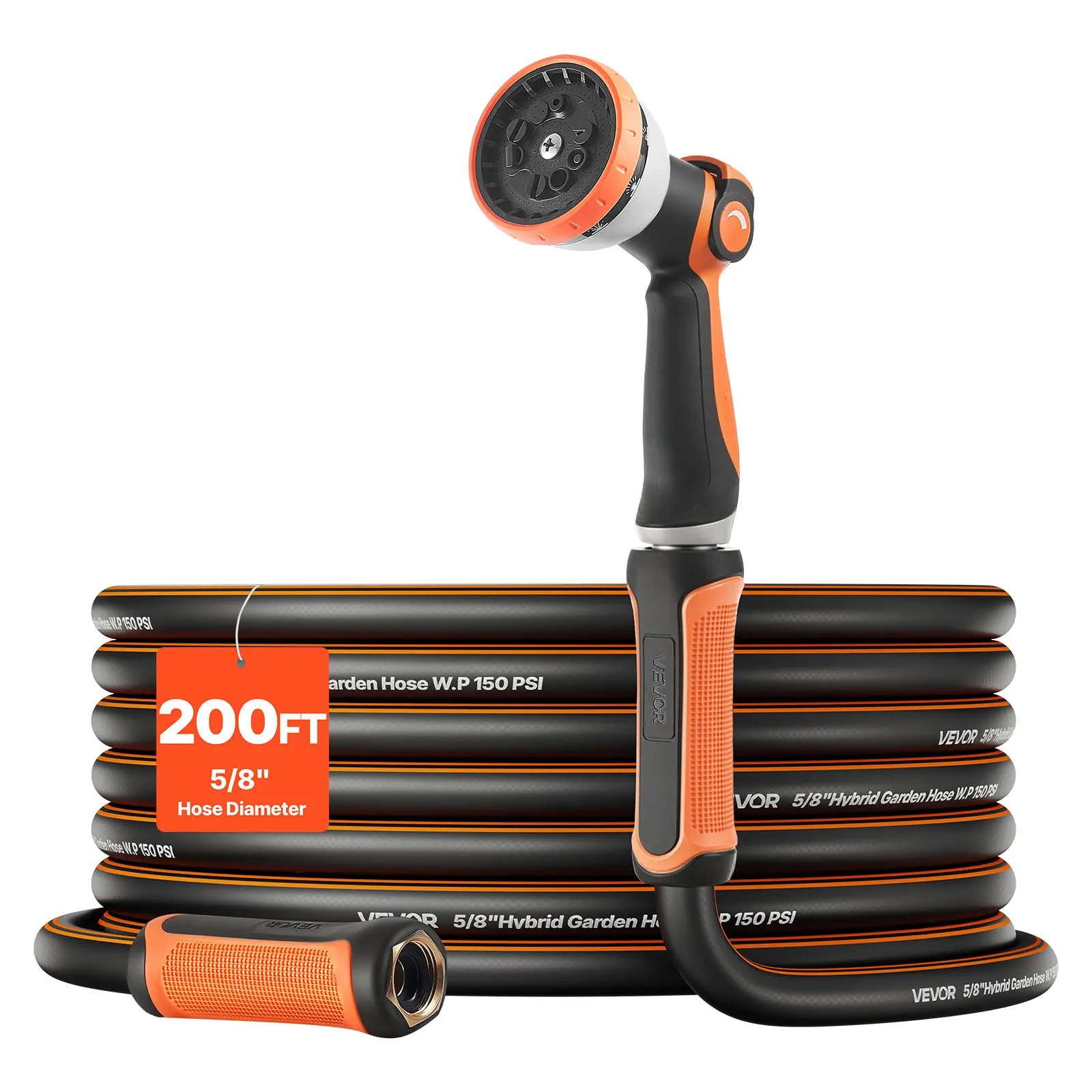 【SummerFinds】VEVOR Garden Hose, 200 ft 5/8" Heavy Duty Rubber Water Hose with 10 Mode Nozzle, 150PSI Working & 600PSI Burst, Flexible & Non-kink Outdoor Waterhose with 3/4" Fitting, Lightweight Hoses for Gardening