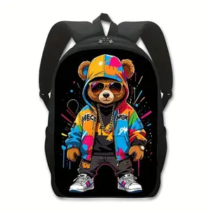 2026 Lightweight Cartoon Bear Backpack Casual School Bags with Zip Closure Adjustable Straps and Vibrant Print Design for Women and Men