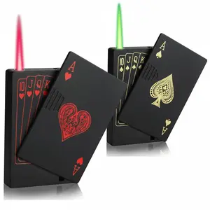 Jet Torch Lighter, Green Flame Ace Card Lighter, Metal Poker Design Windproof Refillable Butane Cool Lighter, Outdoor, Indoor, Camping, BBQ, Candle, Birthday, Gift for Men/Women (Without Gas)