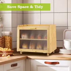 2-Layer Bamboo Bread Bin for Kitchen Countertop, Large Farmhouse Bread Storage Container with Transparent Acrylic Window, Modern Black Corner Design, Airtight Bread Keeper for Daily Use
