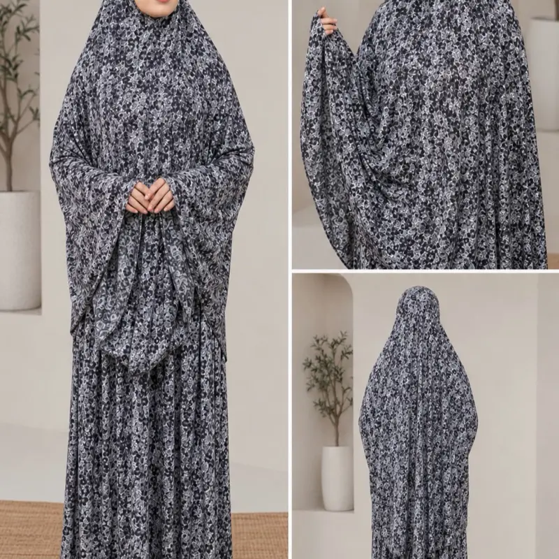 Women's Muslim 2-Piece Ice Silky Jersey Set, Flower Print Khimar Skirt & Hijab Robe, Islamic Prayer Clothing for Dubai Style