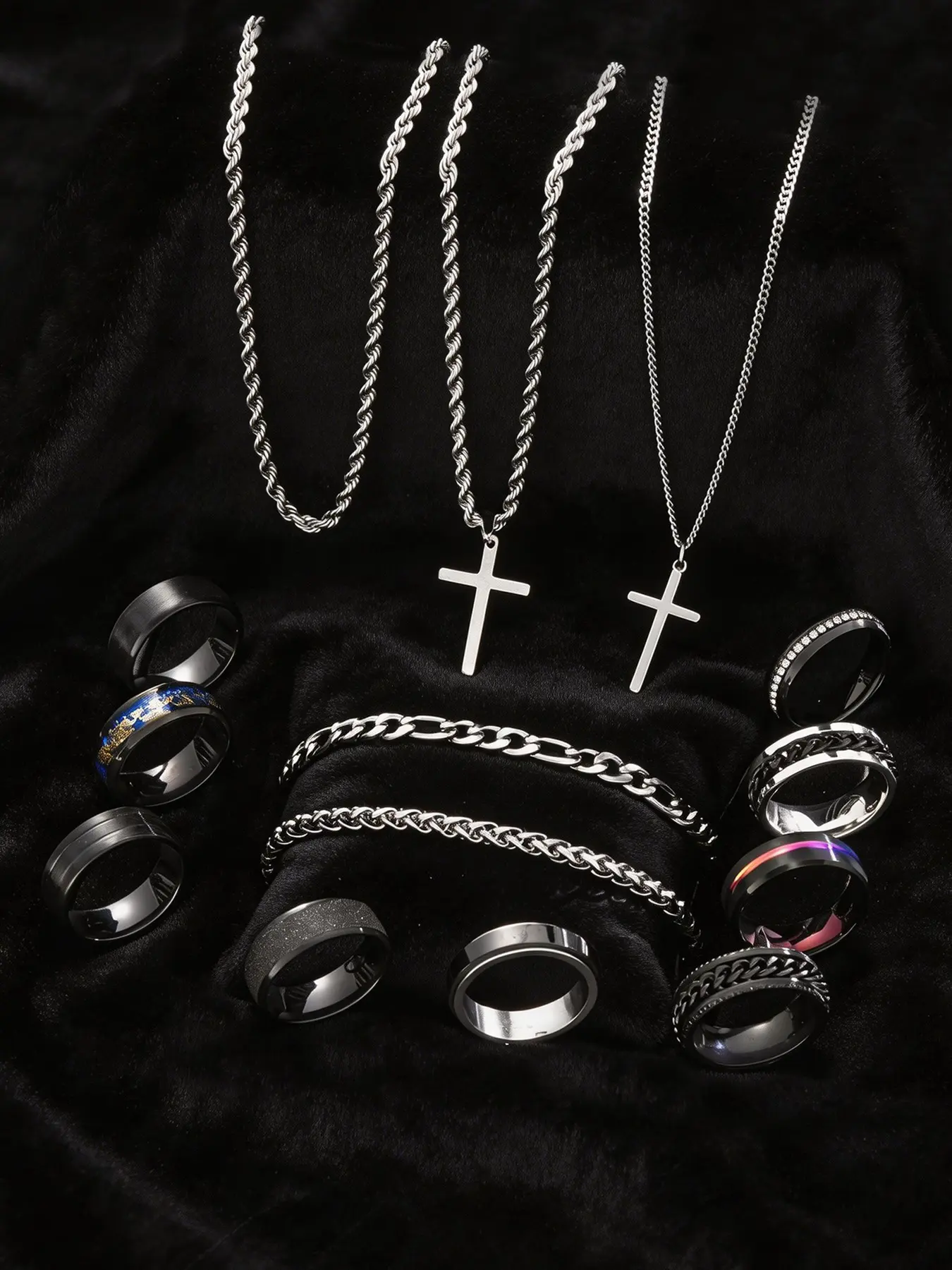14/55 Piece Stainless Steel Jewelry Set, Hip Hop Punk Cross Men's Ring Necklace Bracelet, Party Gift for Boyfriend Birthday Father's Day