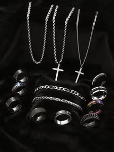 14-Piece Stainless Steel Jewelry Set, All Seasons, Hip Hop Punk Cross Men's Ring Necklace Bracelet, Party Gift for Boyfriend Birthday Father's Day