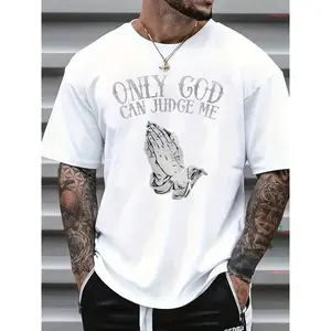 Menswear Unisex Cotton Shortsleeve T-Shirt - Vintage "Only God Can Judge Me" Praying Hands Print, 2Pac Hip Hop Legend Vibe, Oversized Casual Street Style Tee with Durable Fabric