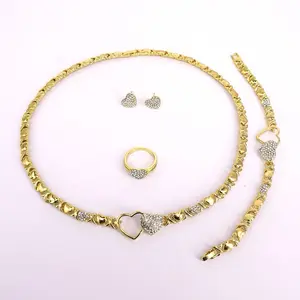 14K Gold Plated 4 Piece Set Necklace Bracelet Ring Earrings with Heart Design and Sparkling Accents