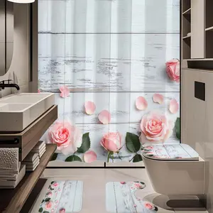 1/4pc pink rose pattern bathroom set, The 4-piece set includes a single shower curtain, anti slip floor mat, toilet U-shaped mat, toilet lid mat, with shower curtain hook, and belongs to bathroom decoration products