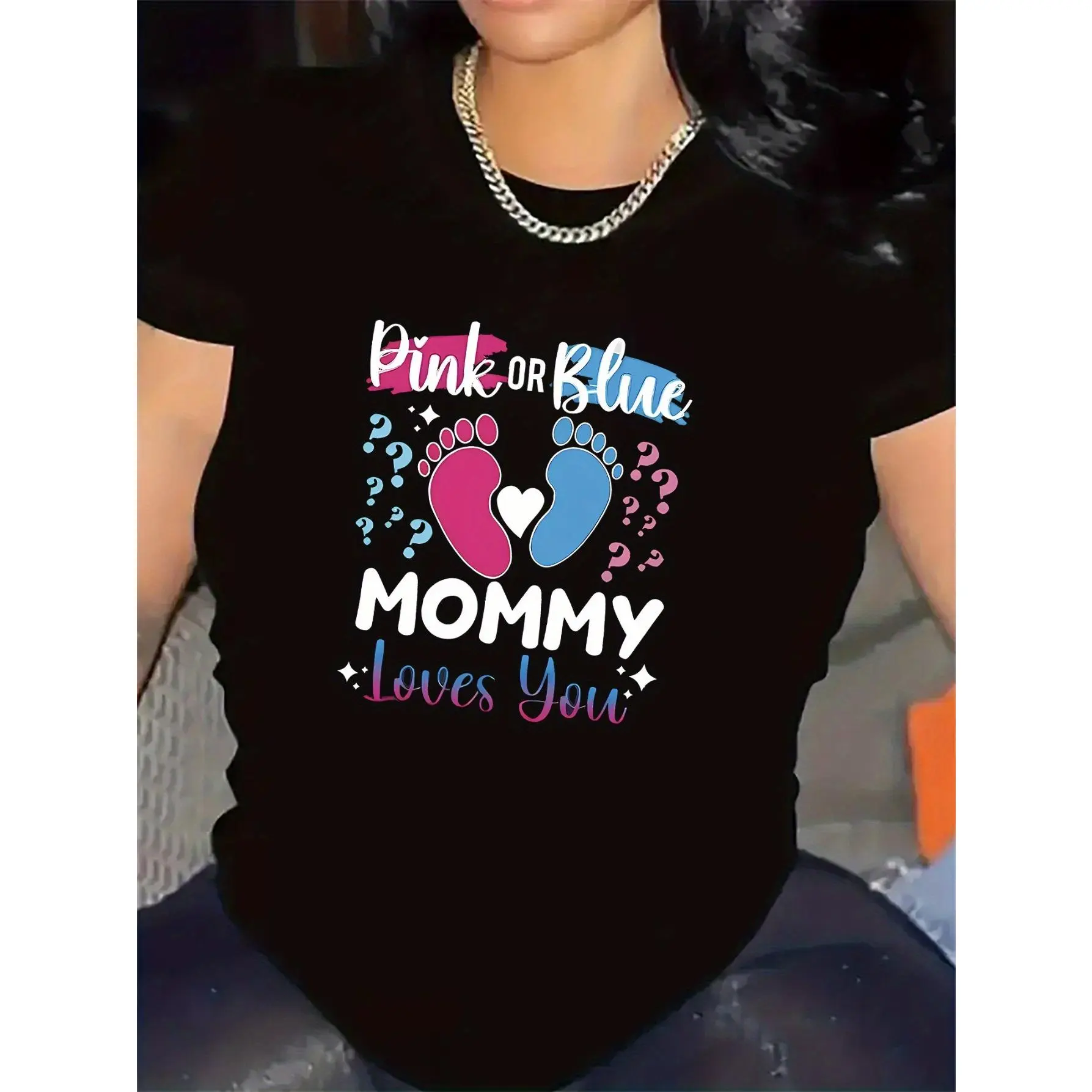 Women's Pure Cotton Maternity T-Shirt - Crew Neck Short-Sleeve, "Mommy Loves You" Cartoon Digital Print, Comfortable Fitted Basics for Casual Pregnancy Wear, Maternity Clothing, All Season Chic Occasions