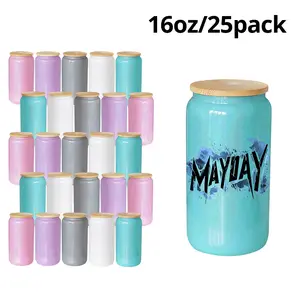 Crafix 25pcs 16oz Sublimation Glitter Glass Cup - Mixed Colors, Insulated Tumbler, Bamboo Straw, Lid, Washable, High-Quality Craftsmanship, Ideal for Beverages, Festive Gifts,summerwins