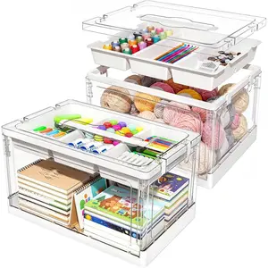 2 Packs Clear Craft Organizers and Storage with Trays, Craft Storage Box with Lid for Beads, Markers, Coloring Books, Sewing, Playdoh and Tools