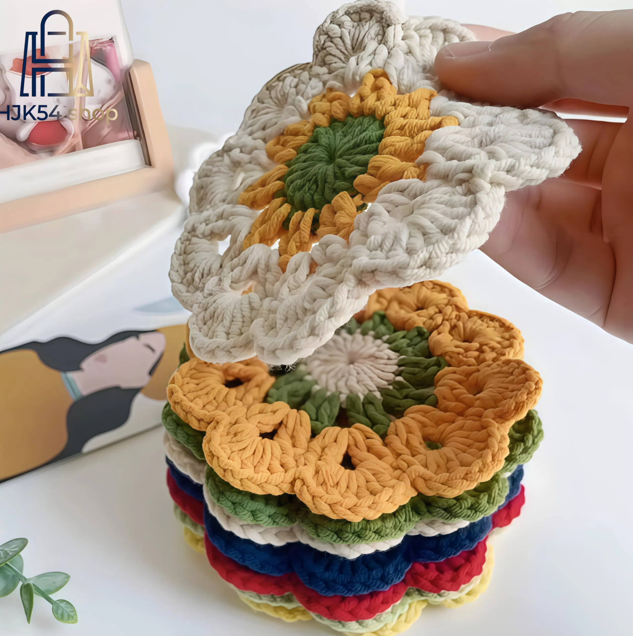 Handmade Crochet Flower Coaster 3PCS, Boho Floral Knit Cup Mat, Cute Colorful Cotton Coasters, Non-Slip Handwoven Table Decor for Coffee, Tea, Home Kitchen, Aesthetic Drink Mat Tableware Tableware,summerwins