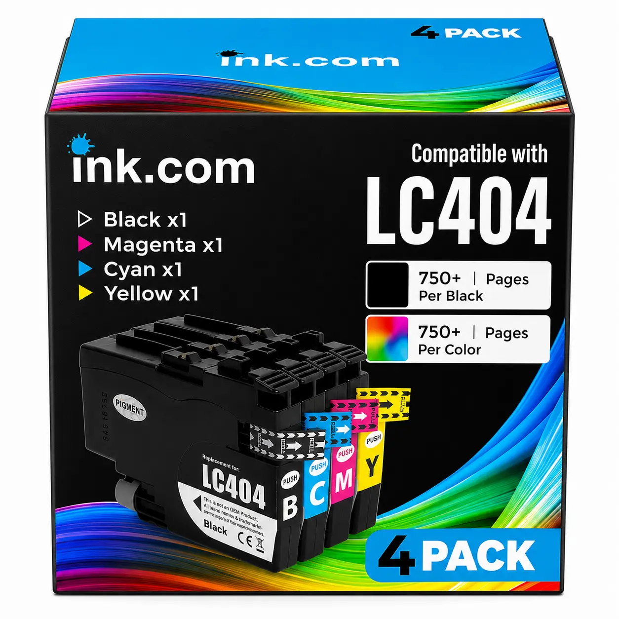 LC404 High-Yield CMYK Replacement Ink Cartridges 4-Pack - Compatible with Brother MFC-J1205W, MFC-J1215W, Full Color Coverage, 750 Page Output, Easy Installation, Consistent Print Performance for Home Offices