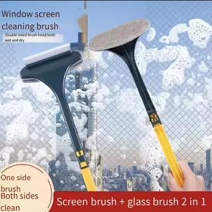 2-in-1 Multifunctional Window Screen Cleaning Brush, No Disassembly Screen Cleaner Tool with Long Handle, Removable Glass Squeegee & Mesh Scraper for Home Office Windows Dusty Mesh Scrubber Wet and Dry Double Sided Cleaning Artifact