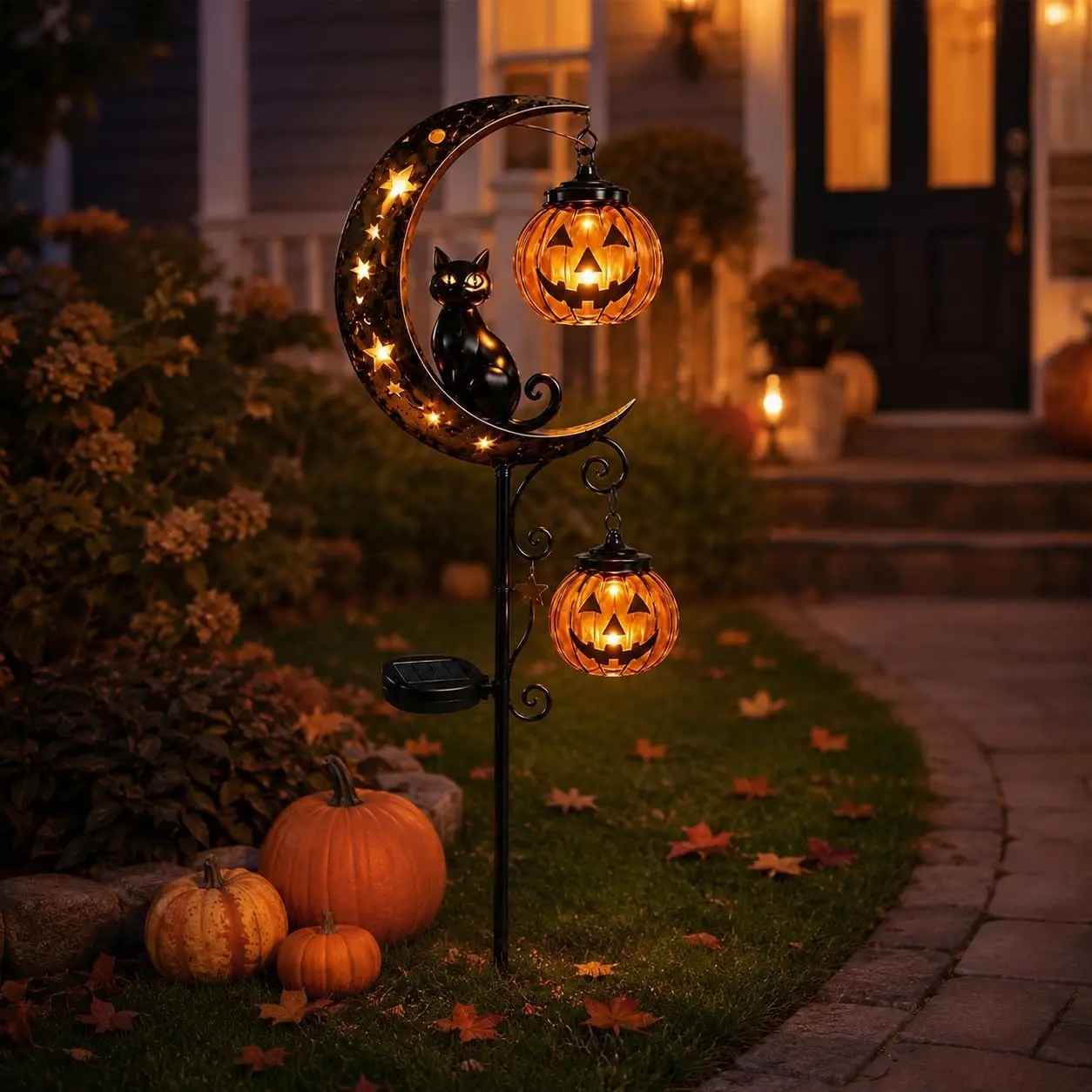 Solar Halloween Black Cat Garden Stake Lights, 34-in Warm LED Pumpkin & Moon Lanterns, Weatherproof Outdoor Festive Decor for Courtyard, Lawn