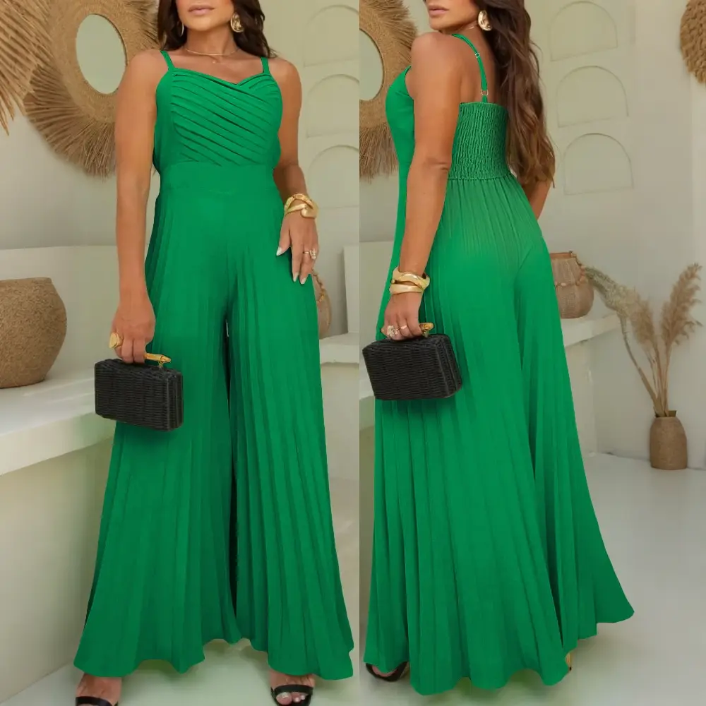Live Only CHICME Women's Pleated V Neck Spaghetti Strap Waist Jumpsuit Casual Wide Leg Flared Romper