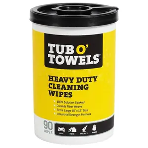 Tub O' Towels Citrus Scent Heavy-Duty Cleaning Wipes (90-Count), industrial cleaning wipes, extra-large, pre-soaked wipes, bond breaker, stubborn stain remover, oil remover, tar remover, grease remover, ink remover, paint remover, permanent marker remover