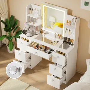 VOWNER Glass Top Makeup Vanity Desk - 44" Bedroom Vanity with Lights, 7 Drawers, 6 Shelves, Power Outlet, 3 Adjustable Brightness Color Lighting Modes, White