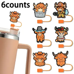 6-Piece Highland Cow Straw Set for 10mm Straws, Reusable Straw Caps, Cover, Beverage Utensil, Splash Proof Accessories for Tumbler & Sports Cups