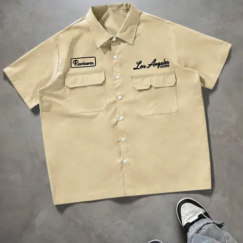 Men's Letter Print Short Sleeve Shirt, Casual Printed Casual Pocket Design Shirt, Regular Fit Casual Comfy Top for Summer, Men's Clothes for Daily Wear, Tropical, Casual Button Shirt, Casual Collared Shirt, Casual Trendy Shirt