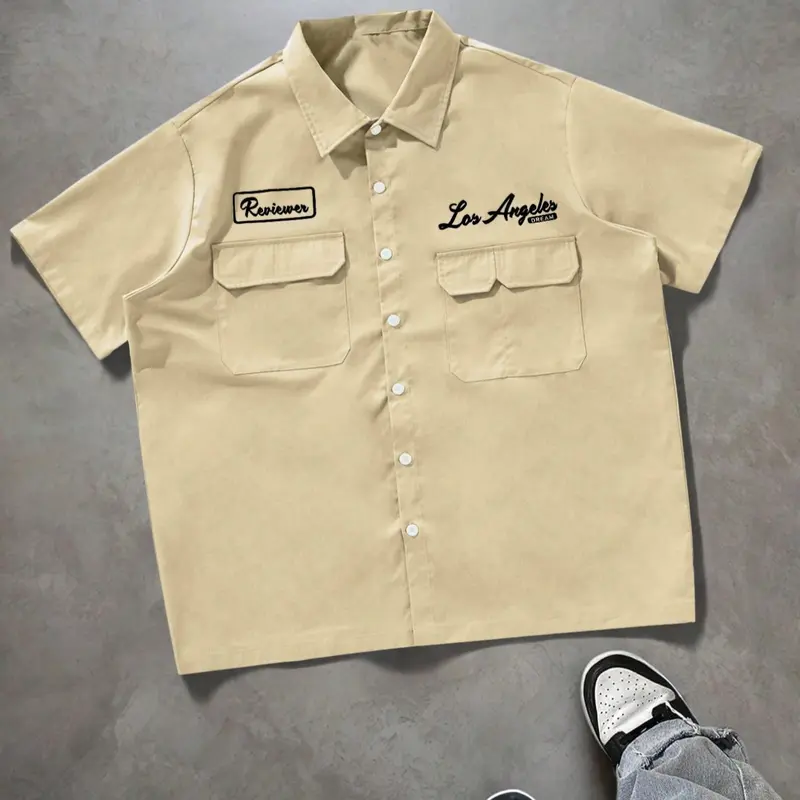 Men's Letter Print Short Sleeve Shirt, Casual Printed Casual Pocket Design Shirt, Regular Fit Casual Comfy Top for Summer, Men's Clothes for Daily Wear, Tropical, Casual Button Shirt, Casual Collared Shirt, Casual Trendy Shirt