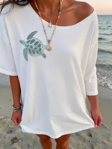 Ocean breeze turtle pattern off-shoulder loose Fit women's summer T-shirt, beach style casual T-shirt, #turtle T-shirt #beach atmosphere #coastal fashion #Bohemian beach #ocean lovers #summer cover-up