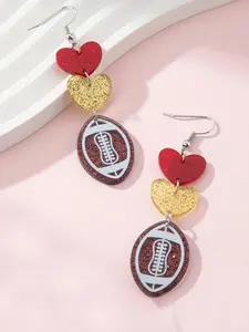 Sporty Football Themed Dangle Earrings, Glitter Heart & Rugby Drop Dangle Earrings, Fashion Accessories for Women & Girls, Dangling Earrings