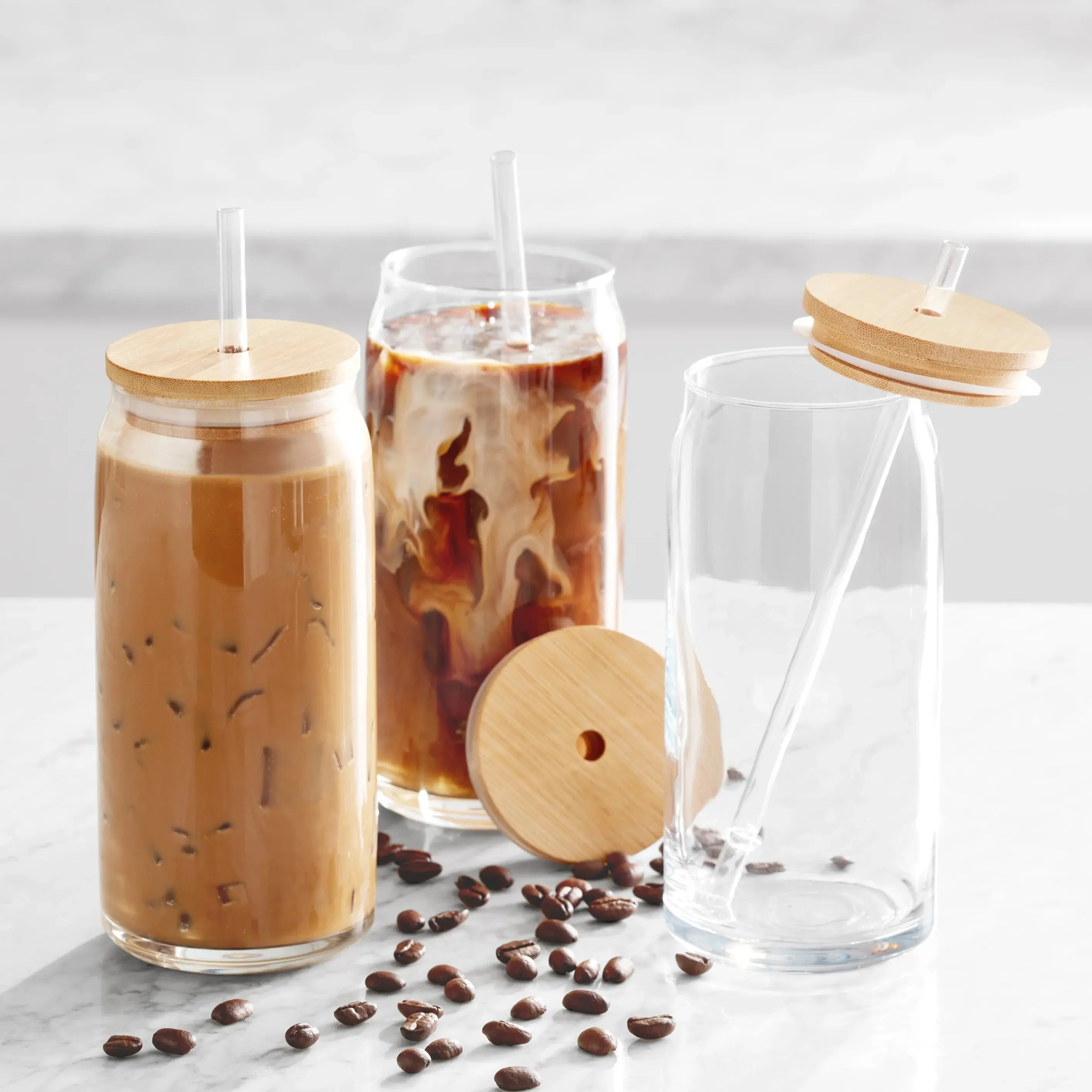 Glass Drinkware with Lids & Straws, Set of 4