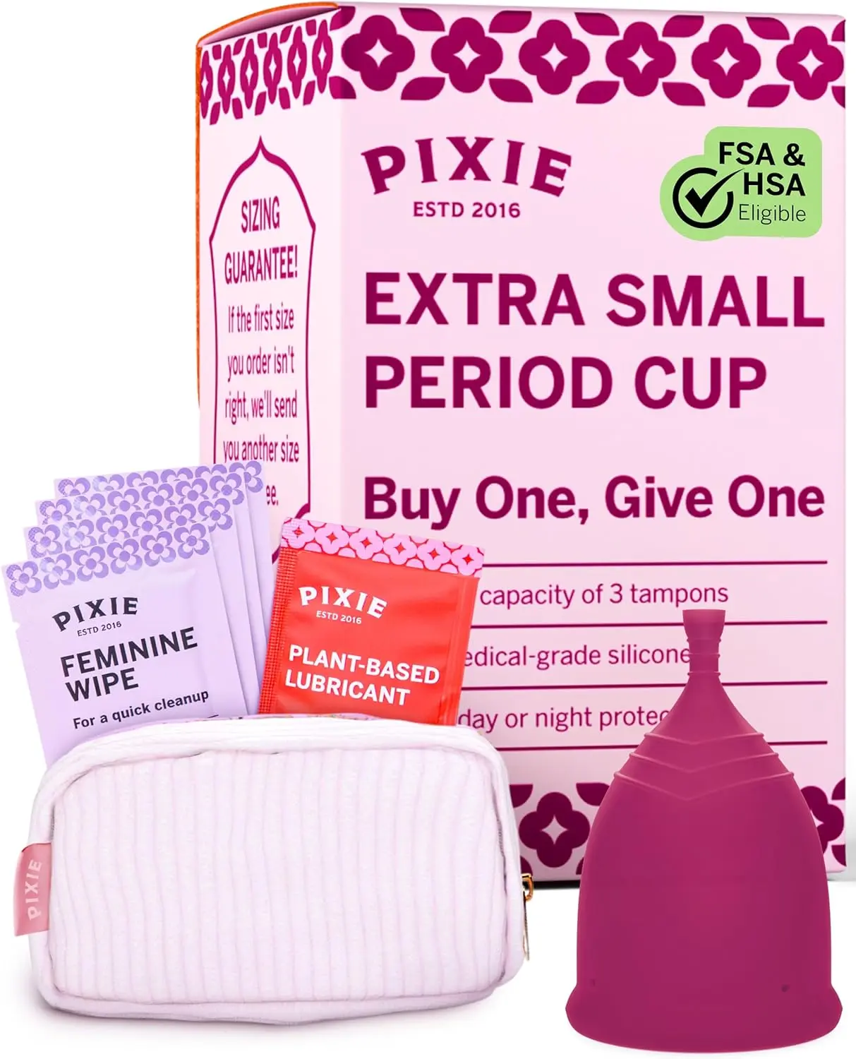 Pixie Soft Menstrual Cup - Ranked 1 for Most Comfortable Reusable Period Cup - Buy One We Give One - Includes Ebook Guide, Cleaning Wipes, Lube, & Storage Bag - Tampon and Pad Alternative (Extra Small, Plum)