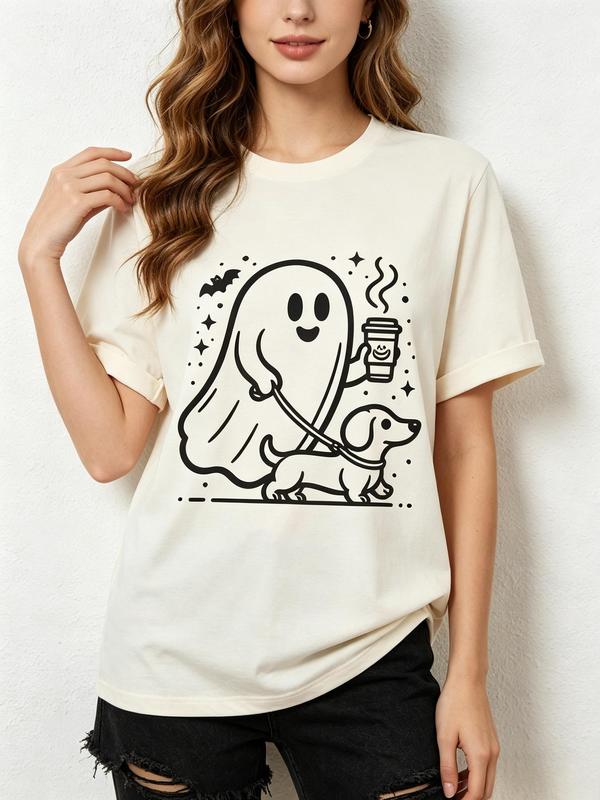 Women's Pure Cotton Short-Sleeve Crewneck T-Shirt - Comfortable, Cute Fabric, Halloween Ghost & Dachshund Graphic Print, Fitted Cut, Breathable Casual Beach Top, Sohochic