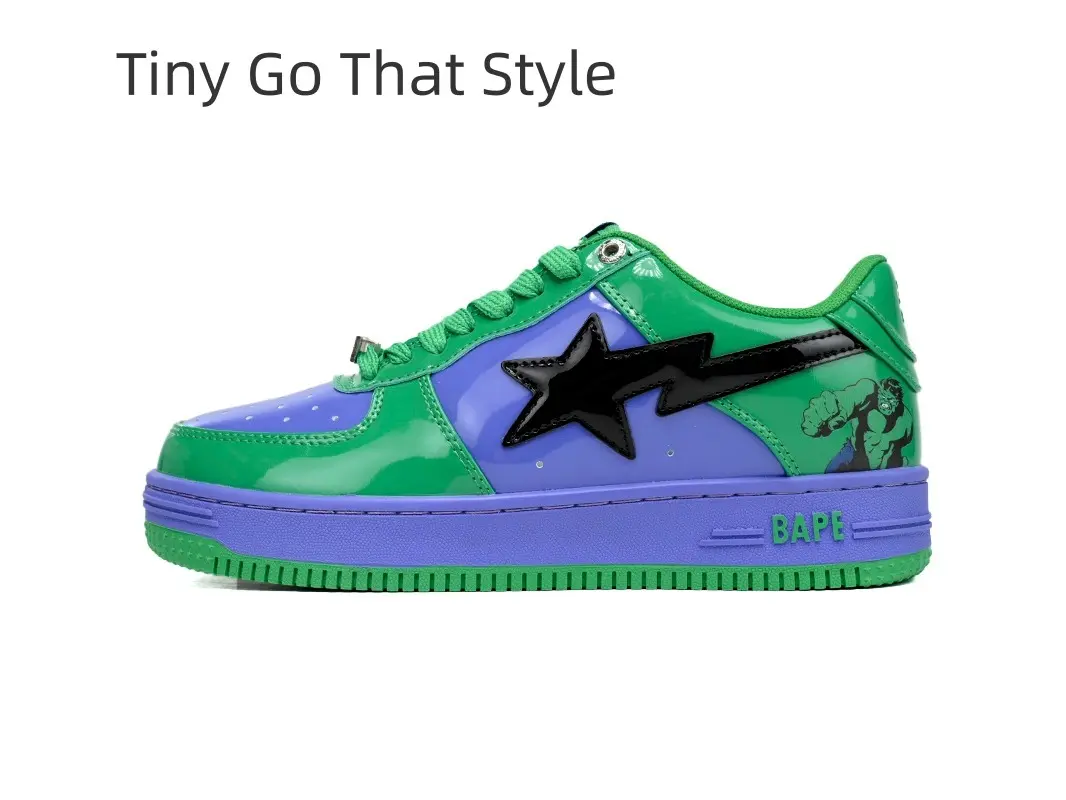 Matching Couple Skate Shoes Green Purple Contrast Glossy Patent Leather Sneakers Black Star Embroidery Dual Color Rubber Platform Trainers for Men Women Summer Street Daily Walking