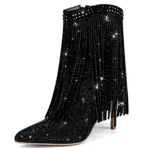 RONILURN Women's Rhinestone Fringe Ankle Boots Sparkly Bling High Heel Stiletto Booties with Side Zipper Pointed Toe Dressy Tassel Fashion Boots