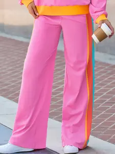 Popvil Color Block Pocket Design High Waist Pants Casual Side Stripes Bright Colors  Sweatpants,Women's Bottoms for Daily Wear