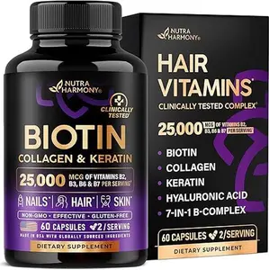 Biotin | Collagen | Hyaluronic Acid | Keratin - Clinically Tested Supplement - Hair Growth Support, Skin & Nails - 25000 mcg Vitamins B2, B3, B6 & B7 + B1 - Made in USA - Women & Men | 60 Capsules