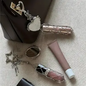 Stainless Steel Lipstick Holder, Fashionable Mirror Box with Crystal Keychain, Compact Makeup Organizer, Travel Essential, Stylish Accessory, Makeup Storage Organizer