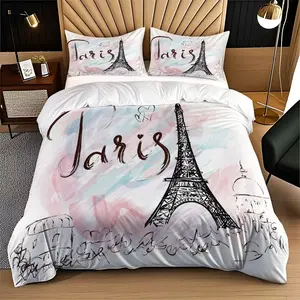 Paris Bedding Set Eiffel Tower Duvet Cover Full Size, Girls Paris Decorative Print Sheet Set (1 Fitted + 2 Pillowcases), Soft Polyester Fiber