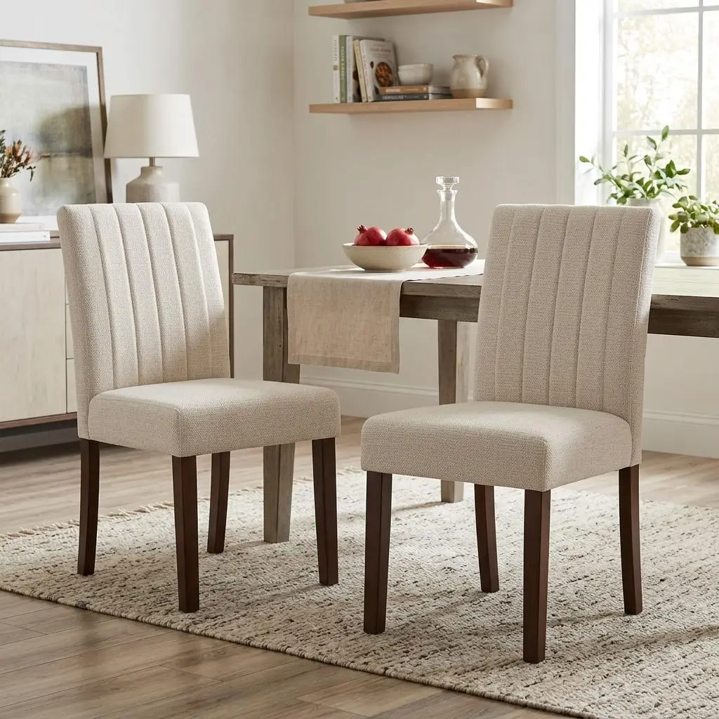 Set of 2 Upholstered Dining Chairs - Beige Linen Parsons Style, Soft Fabric, Sturdy Wood Legs, Comfortable Accent for Dining Room or Cafe - Linen