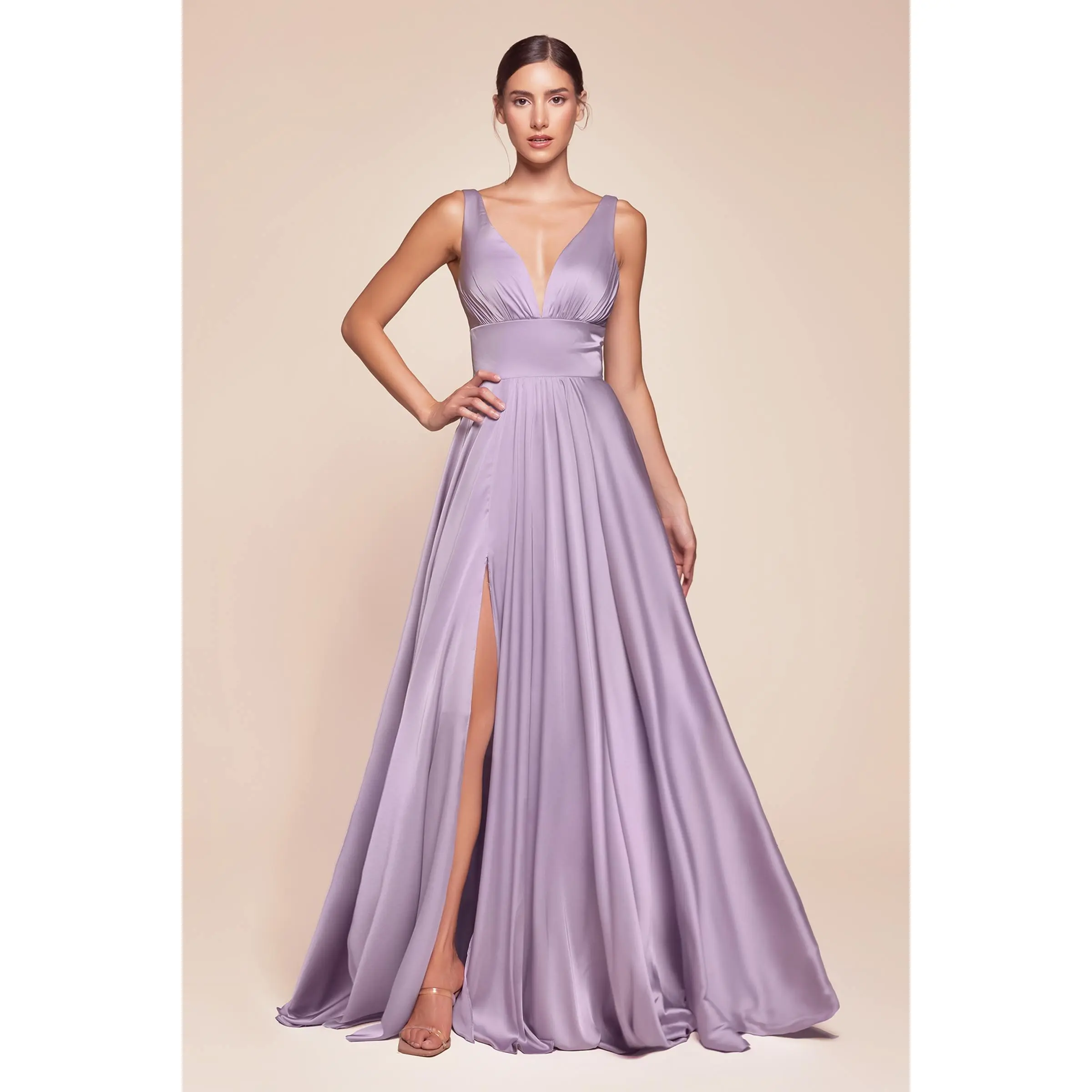 Ladivine 7469 Women's A-Line Satin Evening Gown with V-Neck, Open Back, and High Leg Slit - Minimalist Style for Prom & Bridesmaids, Navy, Matching, Soft, Gorgeous, Formal, English Violet, Lavender, Cute, Chic, Zipper, Sweet, Sleeveless, Classic, Maxi Len