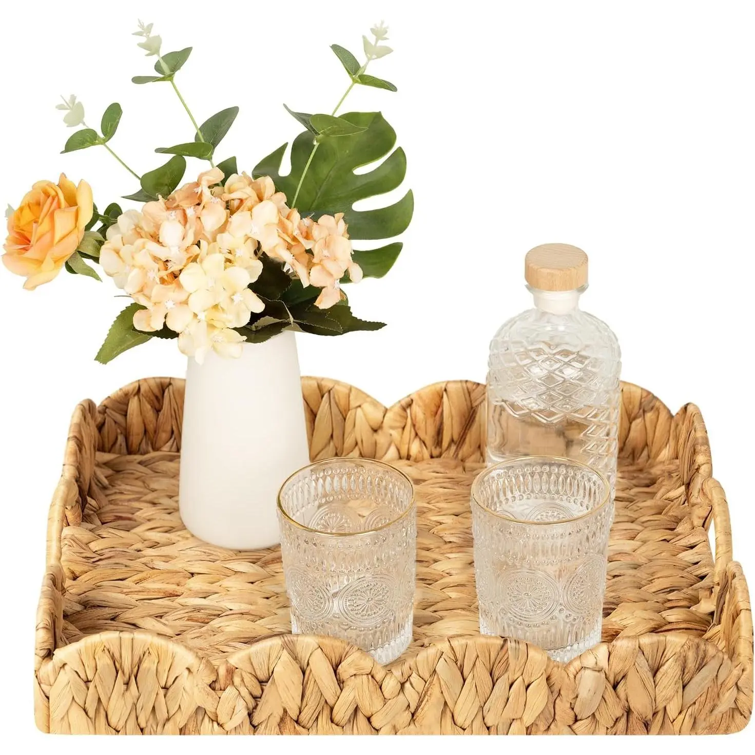 Rectangle Wicker Scalloped Tray, Rattan Serving Trays with Handles, Water Hyacinth Basket for Decorative & Organizing, 15.75" L x 11.5" W x 2.75" H
