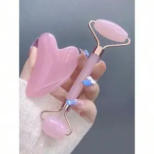 Pink Jade Facial Roller and Gua Sha Set, Beauty Massage Tool for Face Neck, Cooling Skin Care Routine Accessory, Smooth Rose Quartz Style Roller, Cute Self Care Gift for Women, Spa Day Essentials for Relaxing Morning Night Glow Routine Must Have Daily