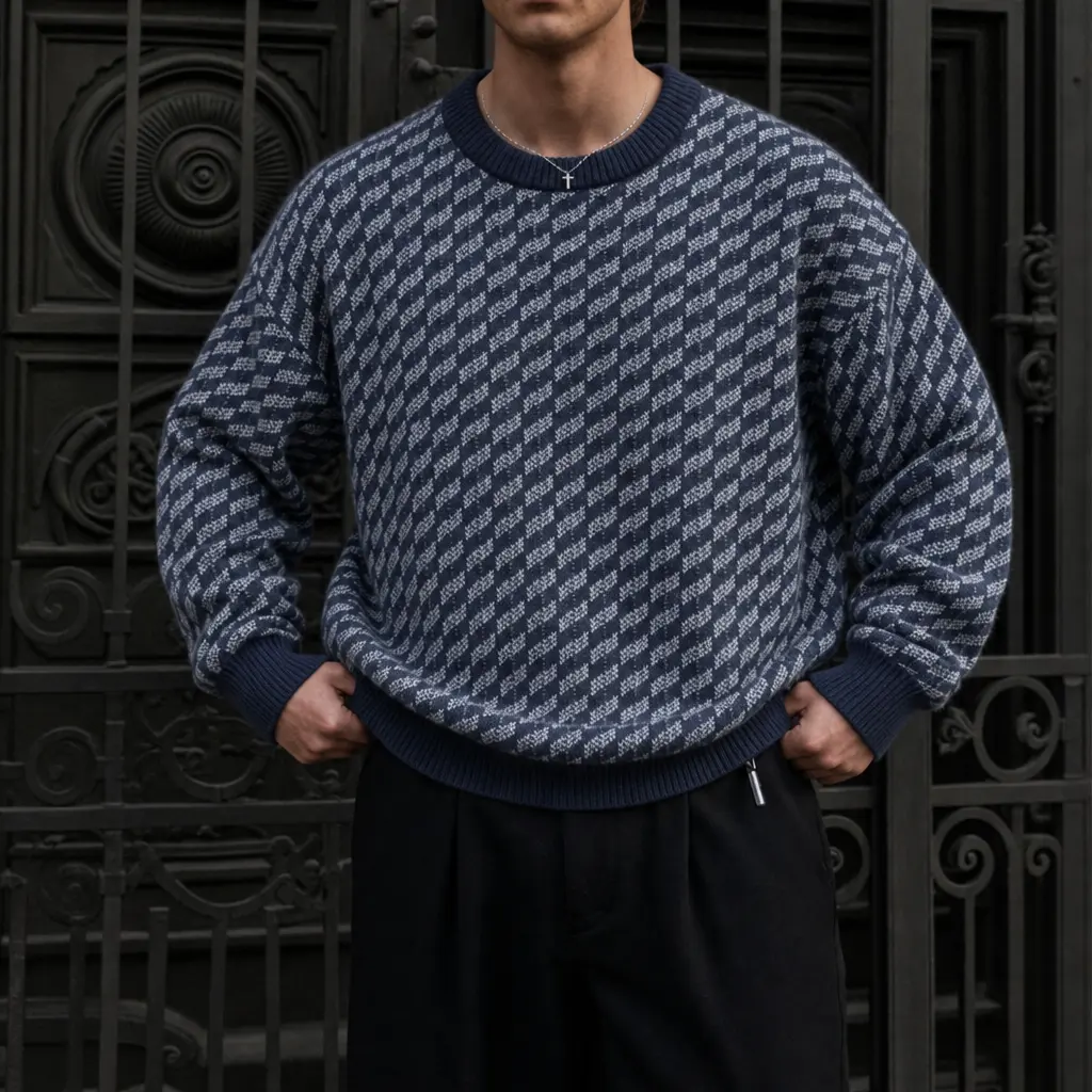 Men's Fashion Long-Sleeve Round Neck Knit Top - Retro Diagonal Jacquard Graphic, Loose Casual Pullover, Autumn Winter Warm Menswear Jumper