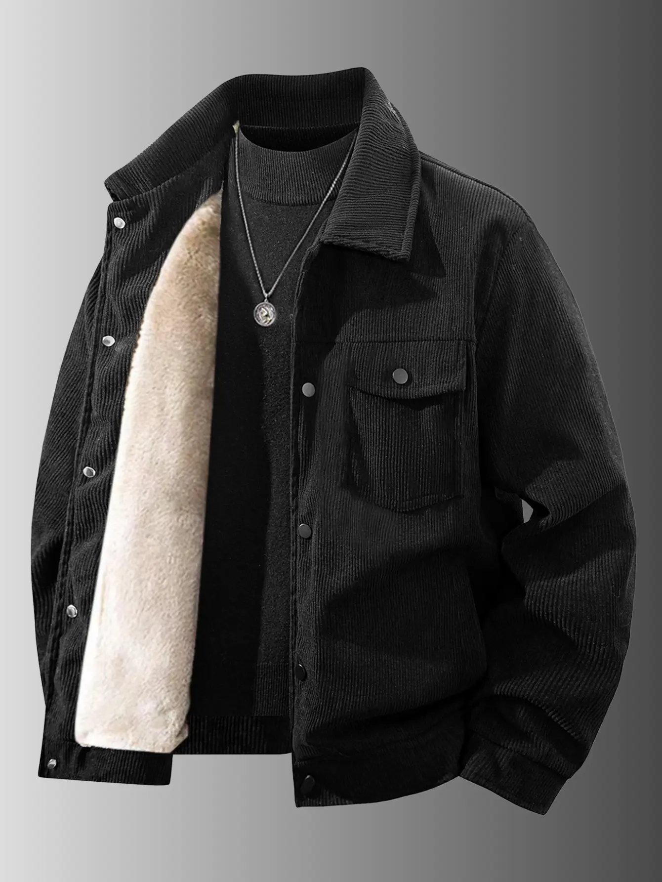 Men's Winter Fleece Lined Corduroy Collared Jacket - Trendy Casual Thick Warm Coat Beige Black