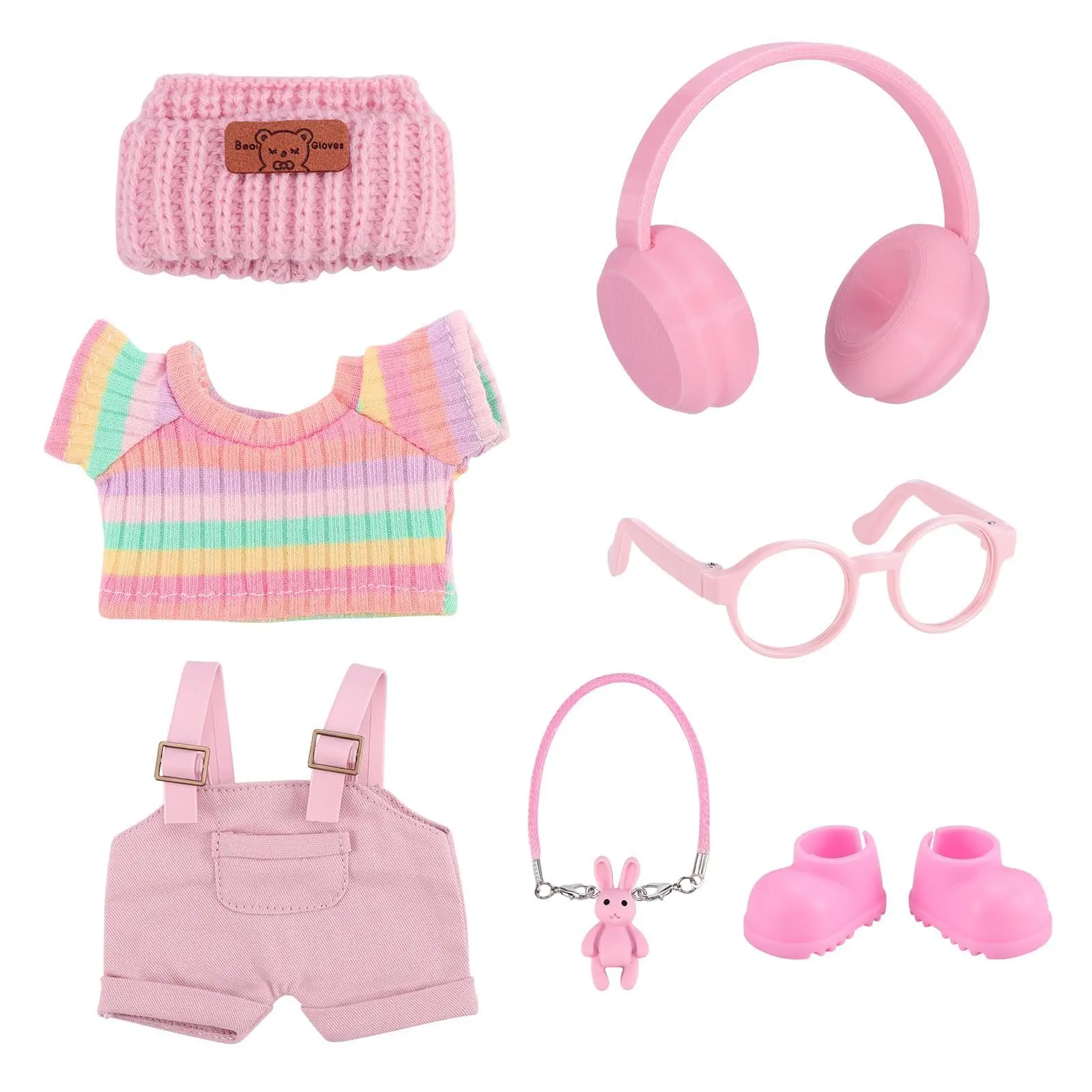 17cm Labu Clothes Set 7-Piece Pink Fashion Doll Outfit with Strap Pants T-Shirt Headphones Hat Glasses Shoes and Pendant for 1st 2nd 3rd Generation Dolls, Doll Clothing Set, Stylish Doll Clothes